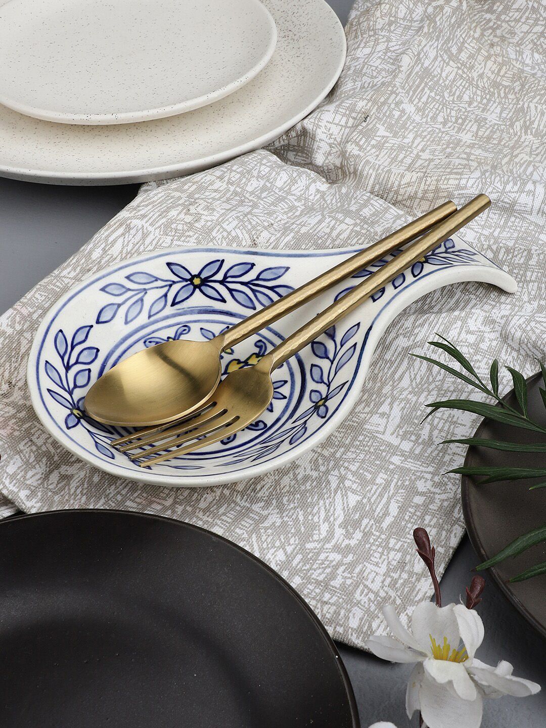 MIAH Decor White & Blue Handpainted Ceramic Spoon Rest Price in India