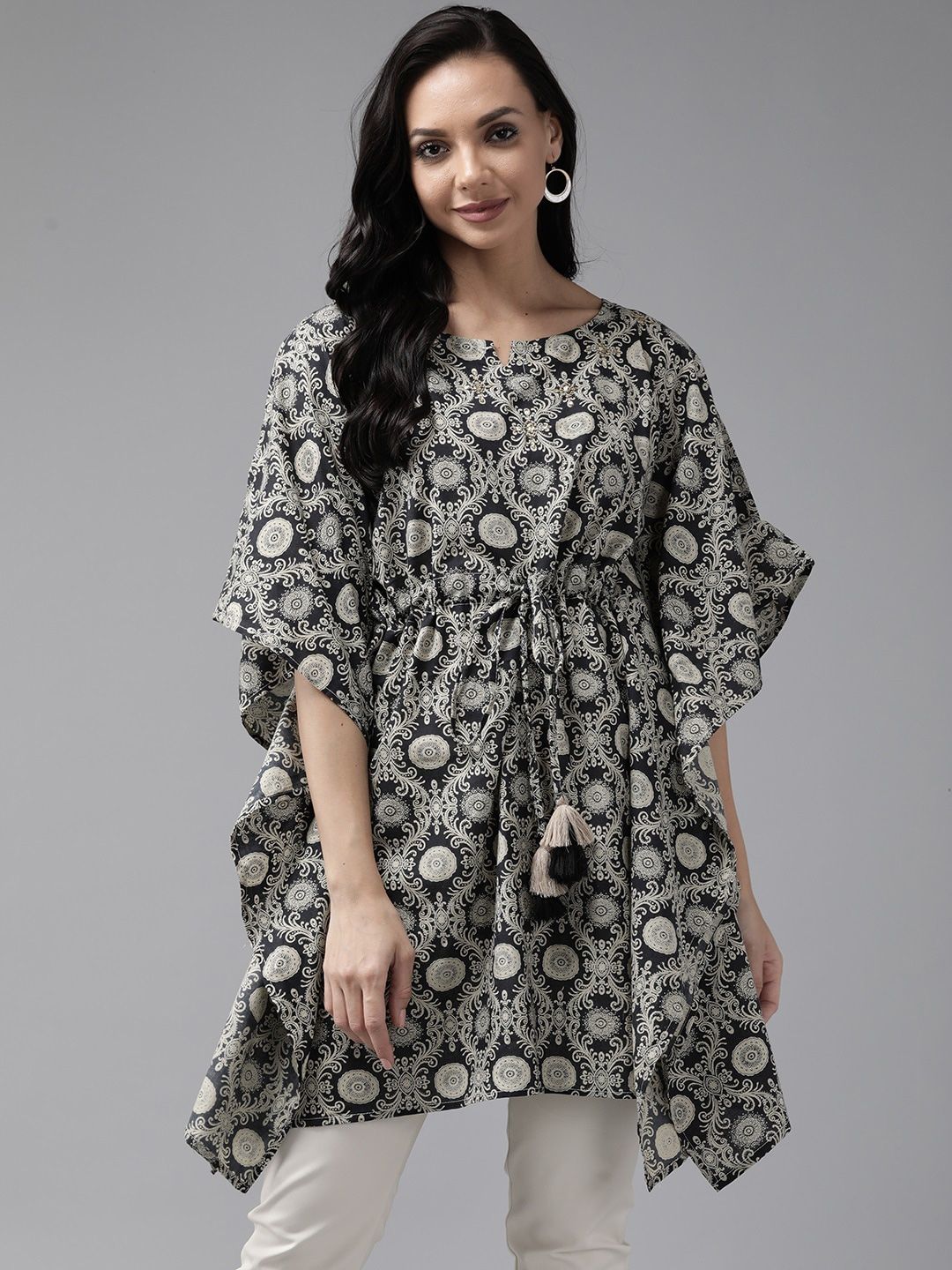 Yufta Women Black Ethnic Motifs Printed Extended Sleeves Kaftan Kurta Price in India