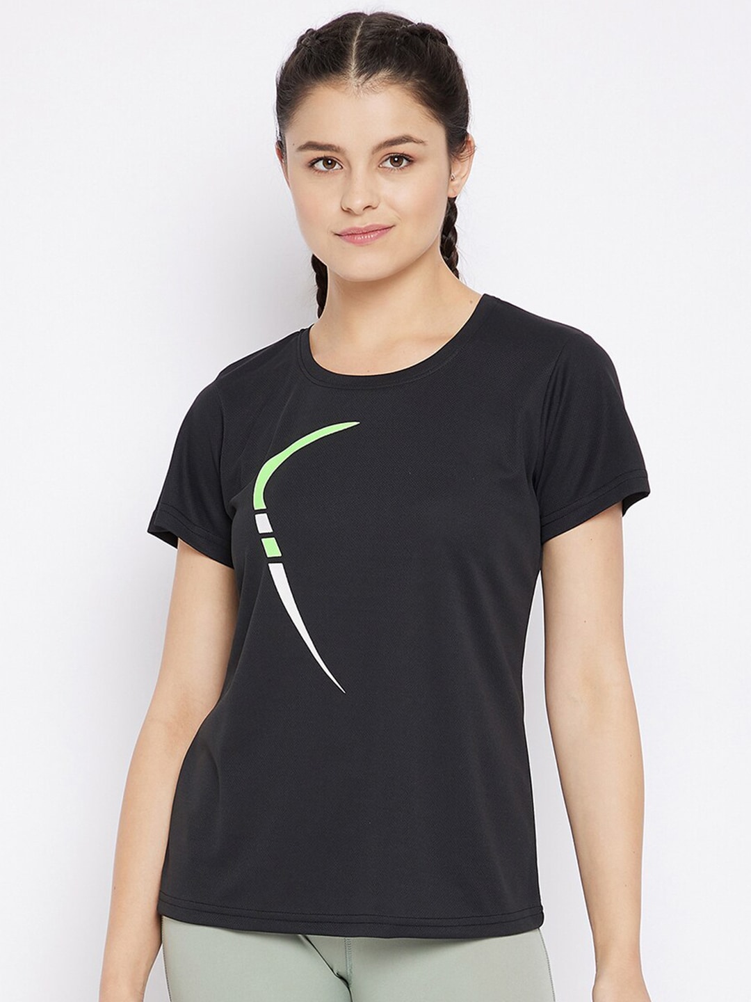 Clovia Women Black Solid Training or Gym T-shirt Price in India