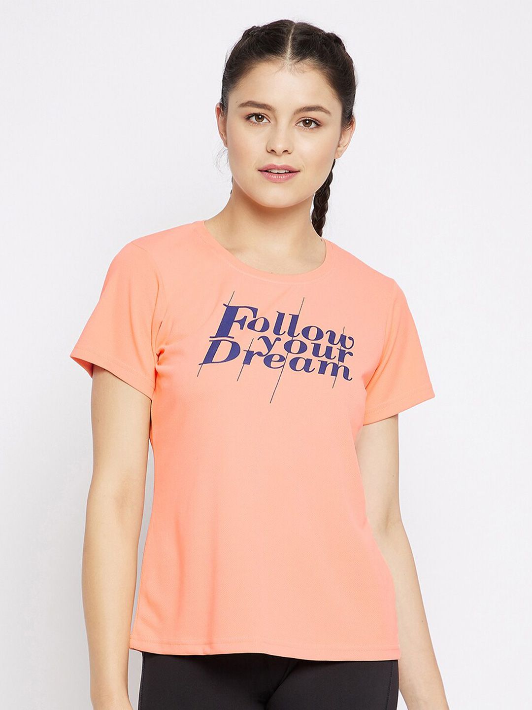 Clovia Women Peach-Coloured Typography Printed Training or Gym T-shirt Price in India