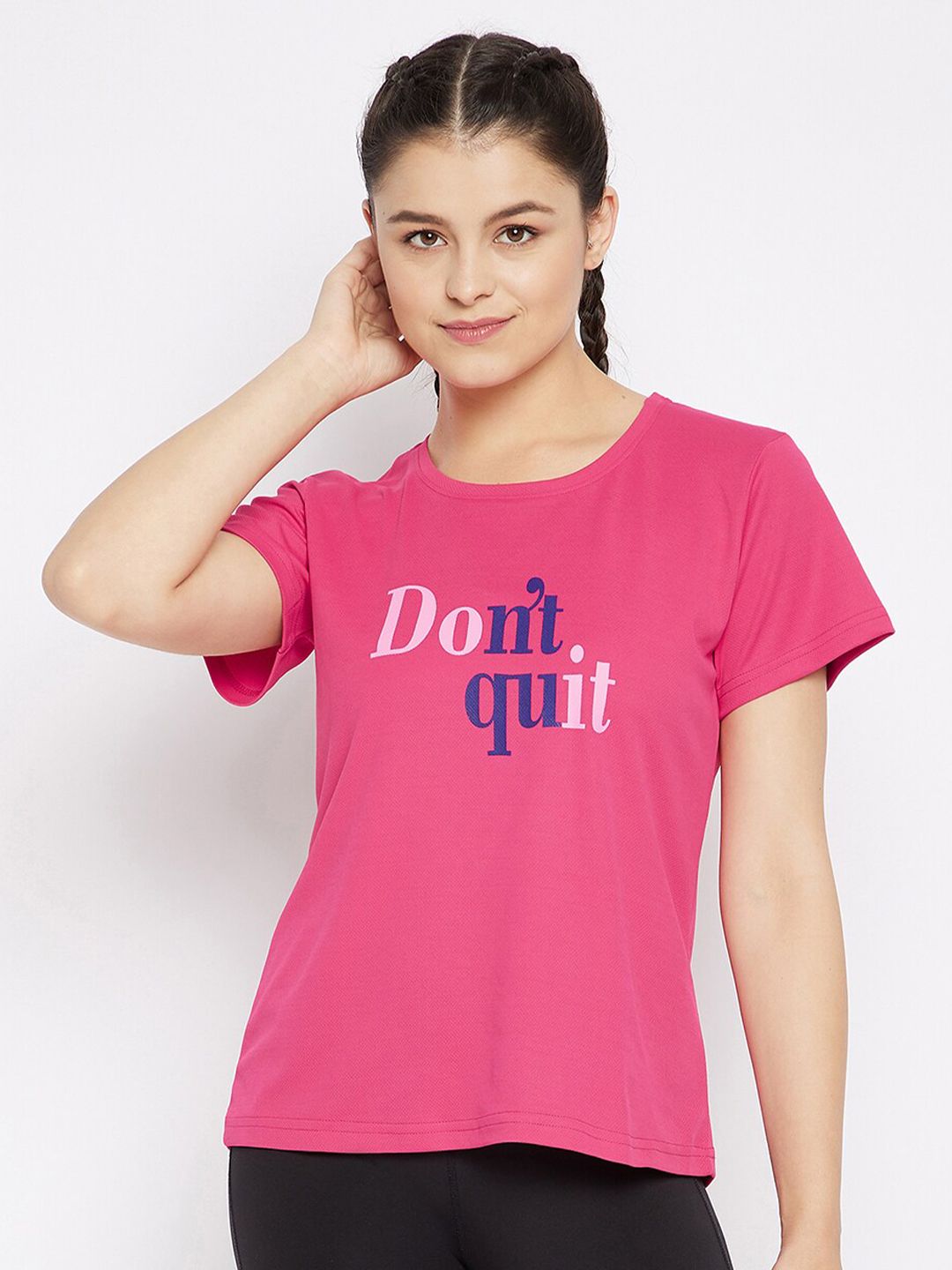 Clovia Women Pink & Blue Typography Printed T-shirt Price in India
