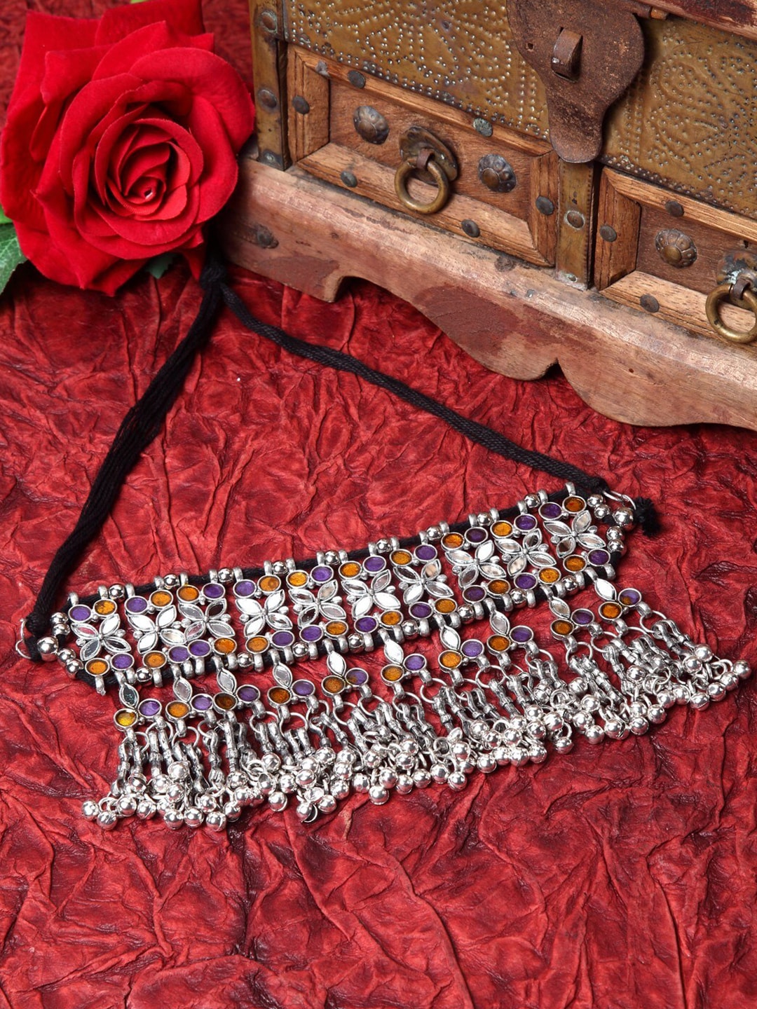 Moedbuille Women Silver-Toned & Blue Brass Meenakari Necklace Price in India
