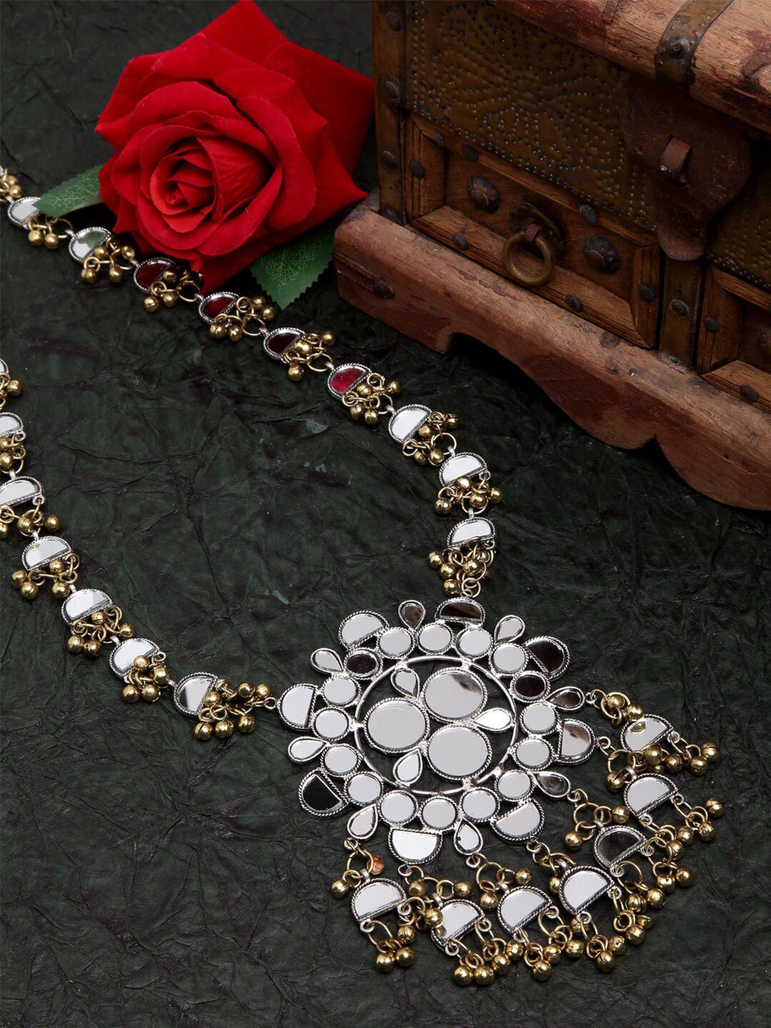 Moedbuille Gold-Toned & White Brass Gold-Plated Oxidised Mirror Necklace Price in India