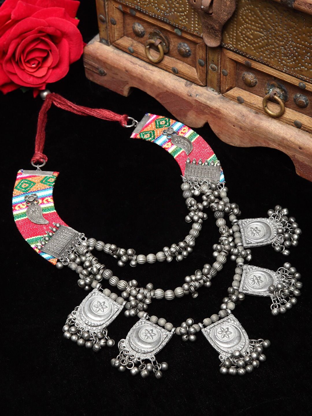 Moedbuille Silver-Plated & Red Brass Afghan Necklace Price in India