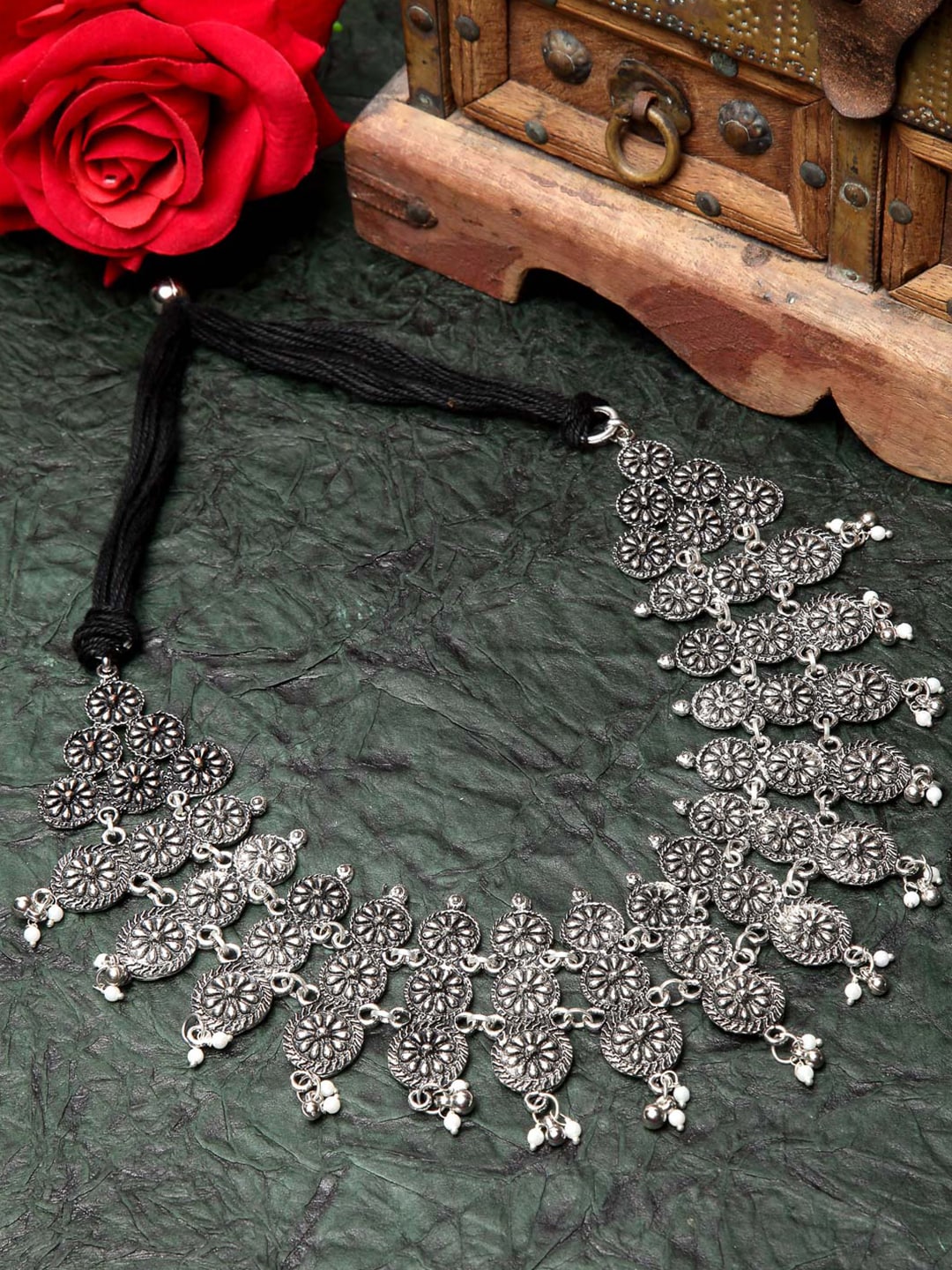 Moedbuille Silver-Toned & Black Brass Silver-Plated Oxidised Necklace Price in India