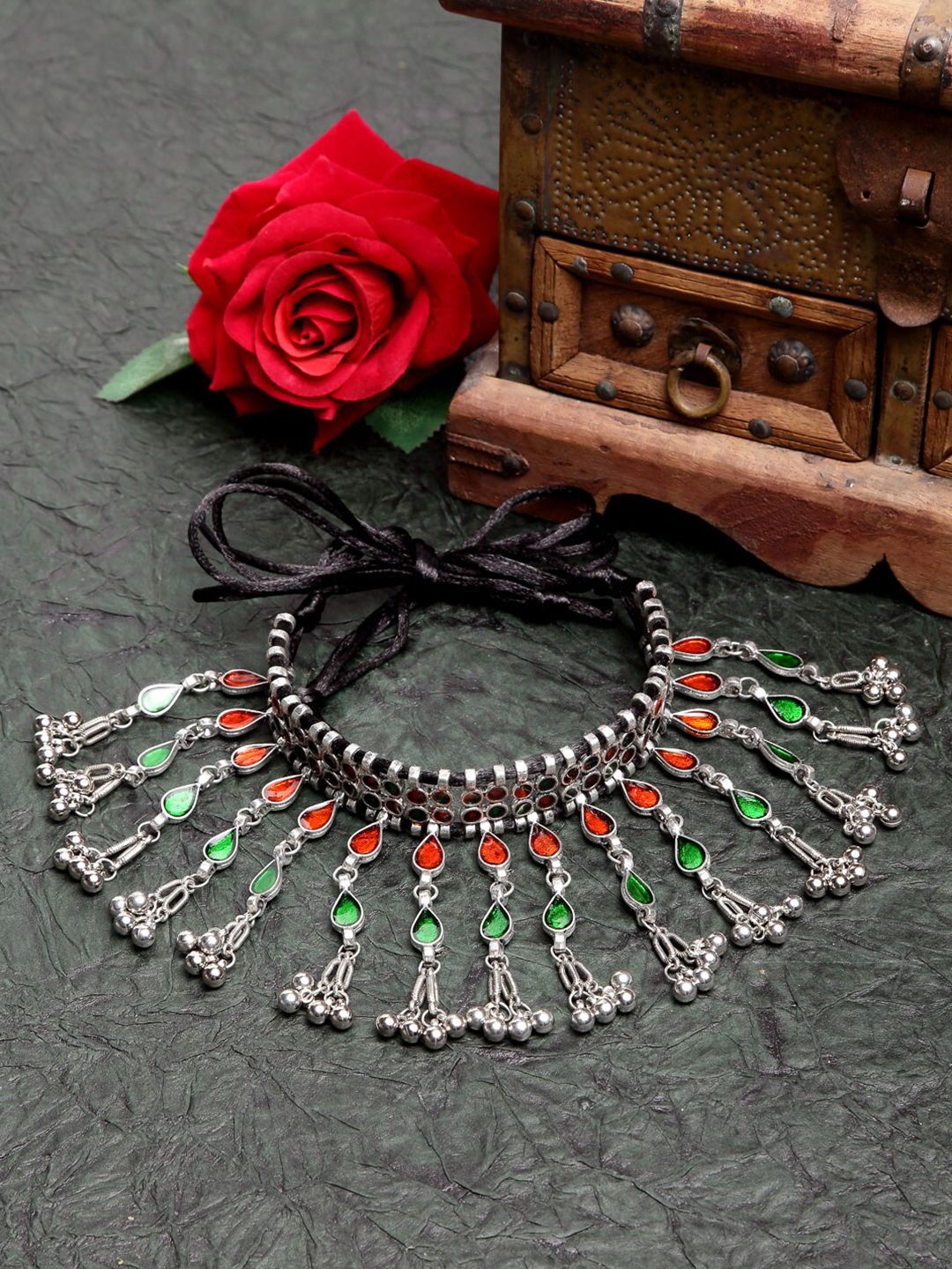 Moedbuille Silver-Plated & Red Brass Meenakari Necklace Price in India