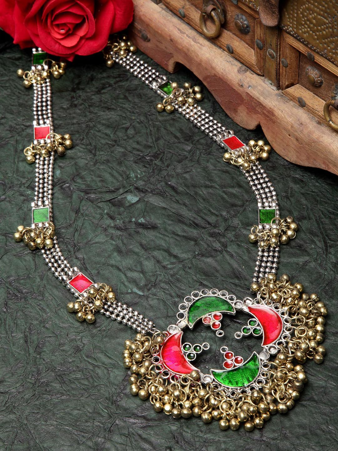 Moedbuille Gold-Toned & Red Brass Gold-Plated Meenakari Necklace Price in India