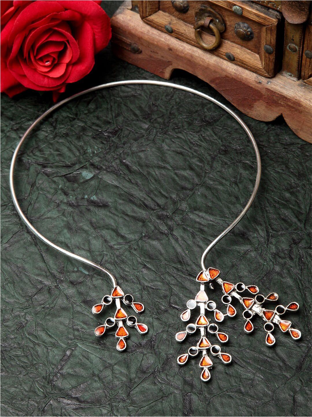 Moedbuille Silver-Toned & Peach-Coloured Brass Afghan Silver-Plated Meenakari Necklace Price in India