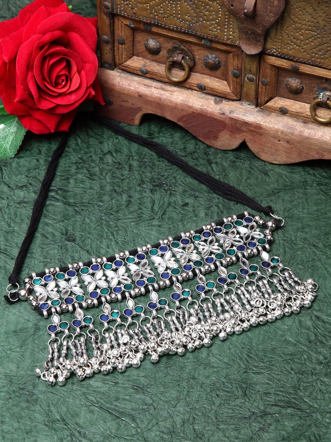 Moedbuille Silver-Toned & Green Brass Silver-Plated Meenakari Necklace Price in India