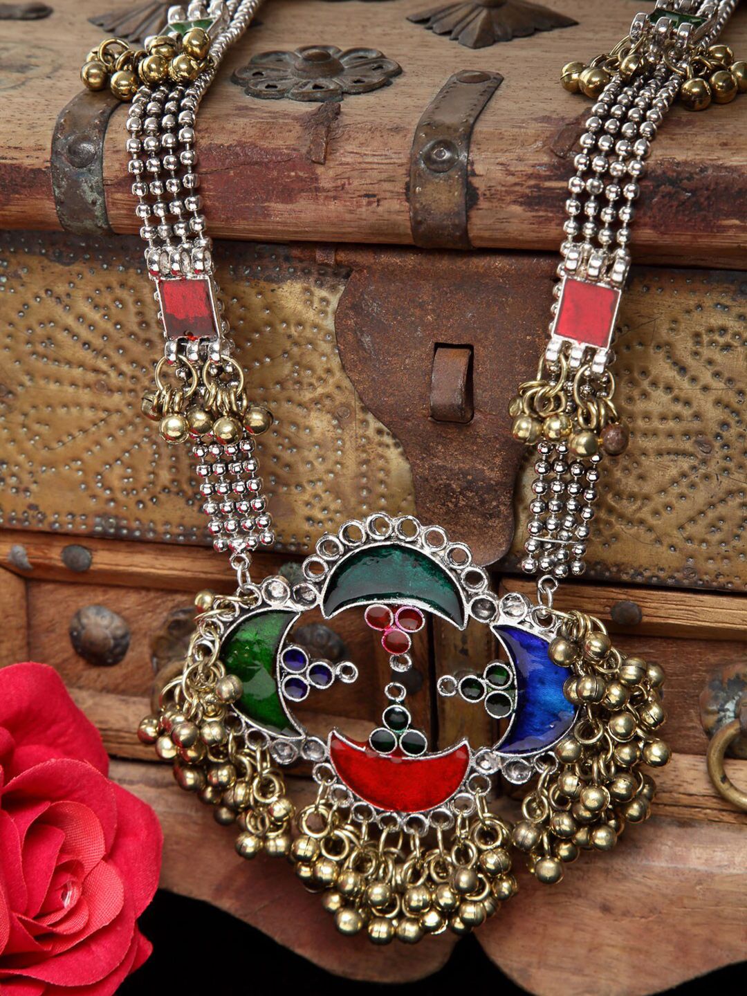 Moedbuille Women Gold & Red Meenakari Afghan Oxidised Necklace Price in India