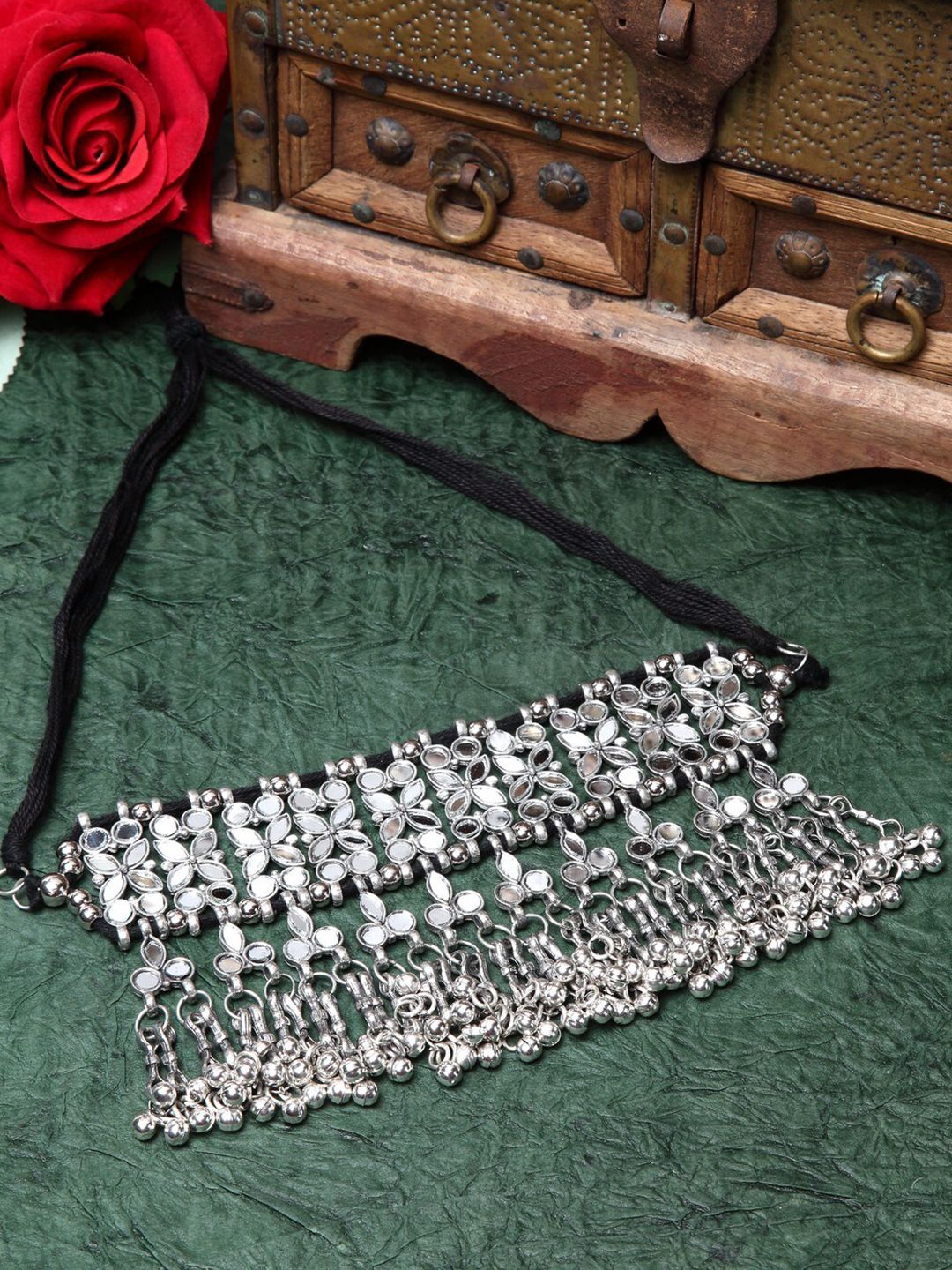 Moedbuille Silver-Toned & Black Brass Silver-Plated Mirror Tasselled Oxidised Necklace Price in India