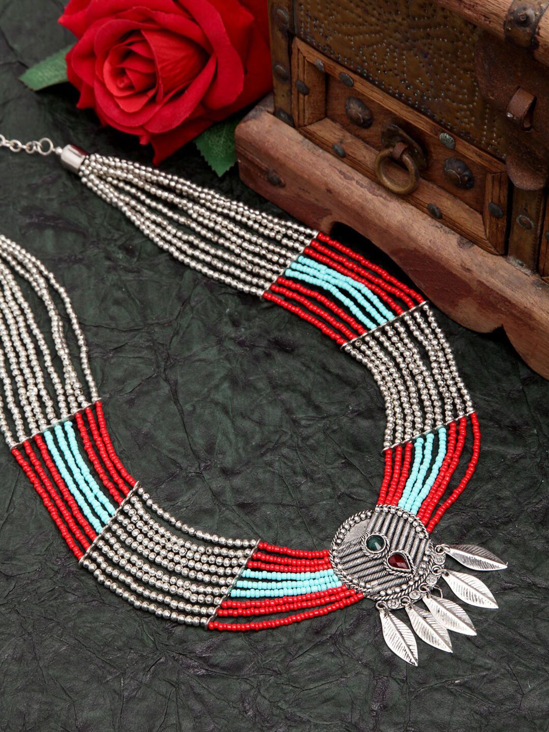 Moedbuille Women Red & Sea Green Silver-Plated Beads Layered Tribal Necklace Price in India