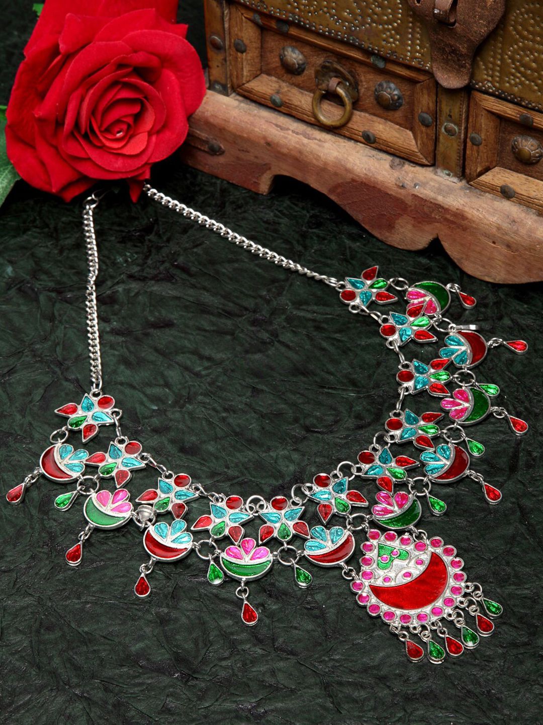 Moedbuille Silver-Plated & Red Brass Meenakari Necklace Price in India