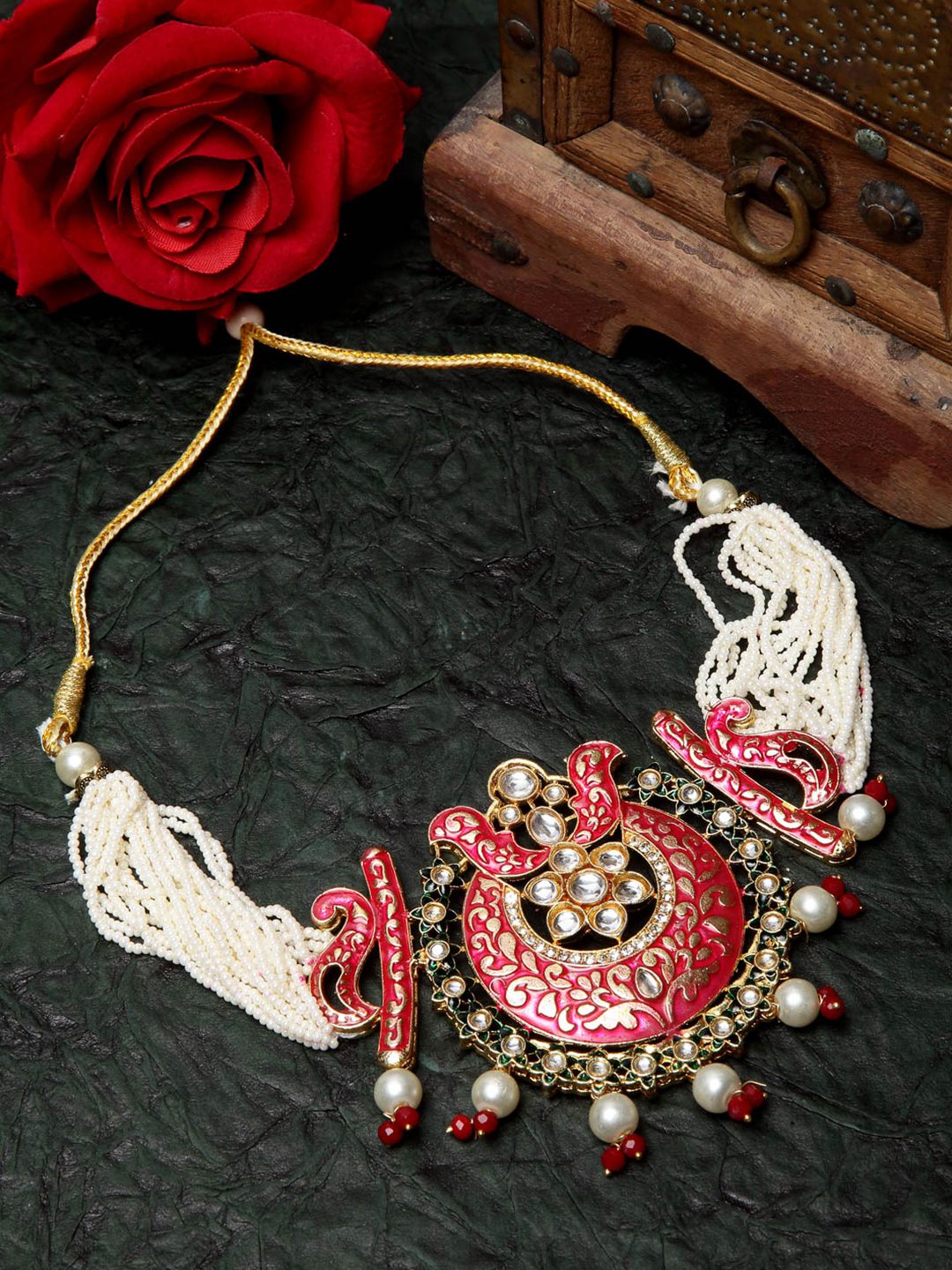 Moedbuille Gold-Plated & Pink Brass Meenakari Necklace Price in India