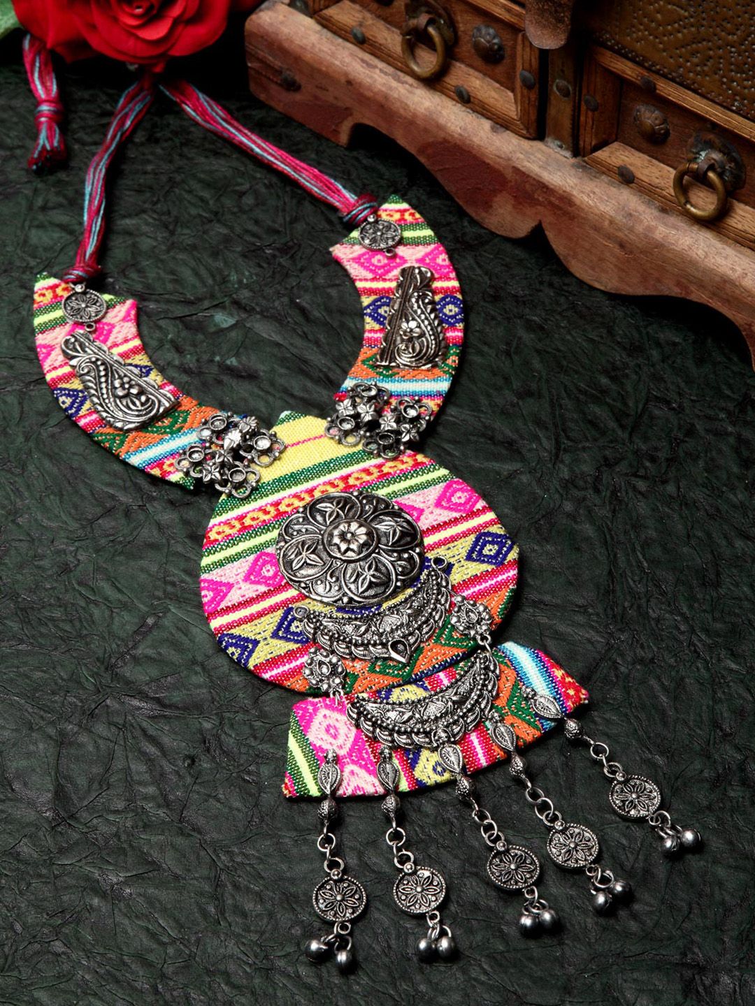 Moedbuille Silver-Toned & Pink Brass Silver-Plated Handcrafted Necklace Price in India