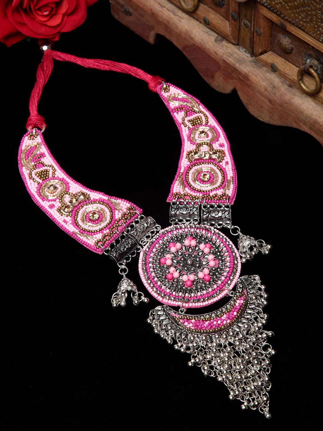 Moedbuille Silver-Toned & Pink Brass Silver-Plated Handcrafted Necklace Price in India