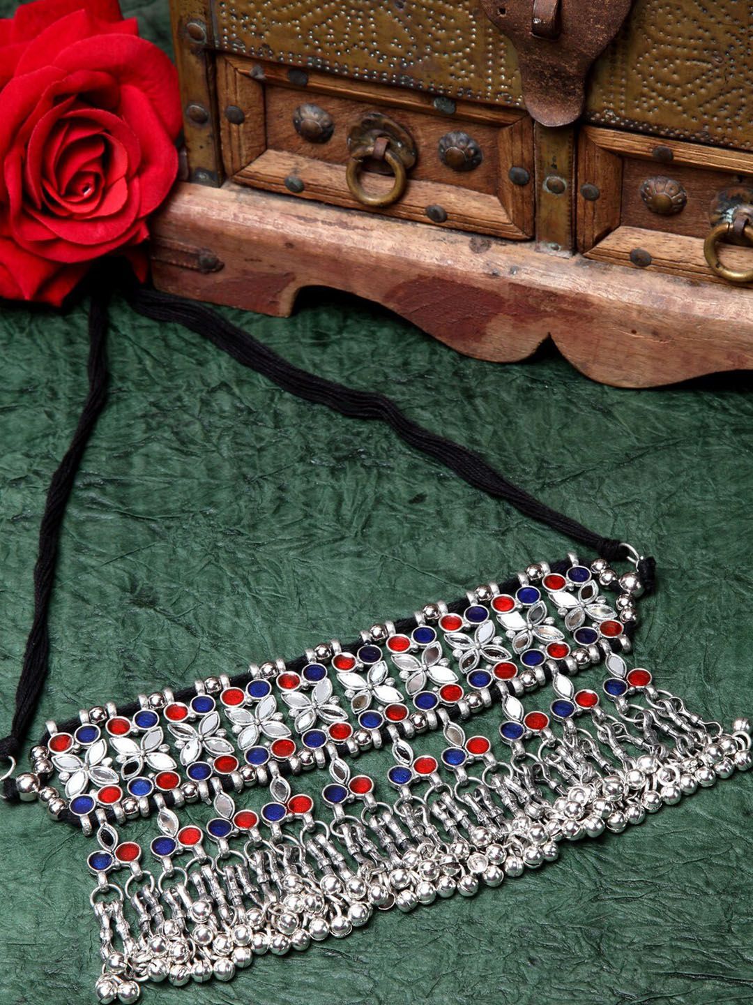 Moedbuille Women Red & Blue Silver-Plated Mirror Studded Tasselled Afghan Choker Necklace Price in India