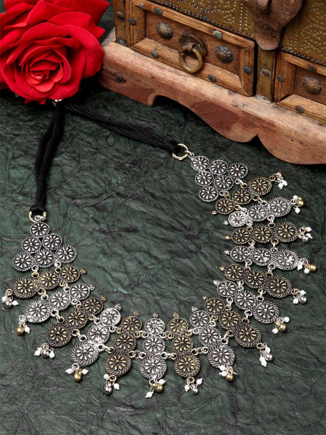 Moedbuille Gold-Toned & Silver-Toned Brass Gold-Plated Tasseled & Oxidised Necklace Price in India