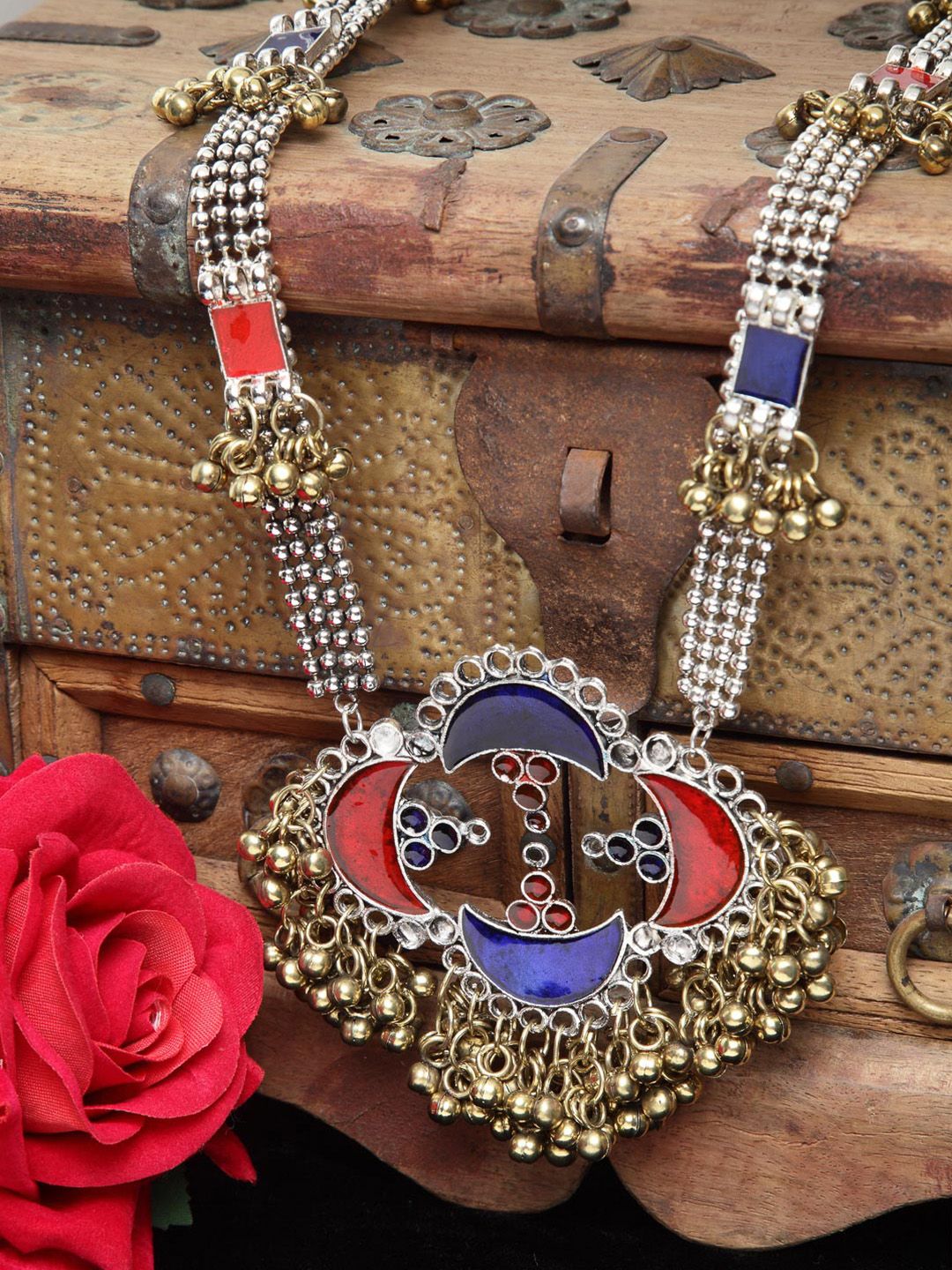 Moedbuille Gold-Plated & Silver-Toned Brass Meenakari Necklace Price in India