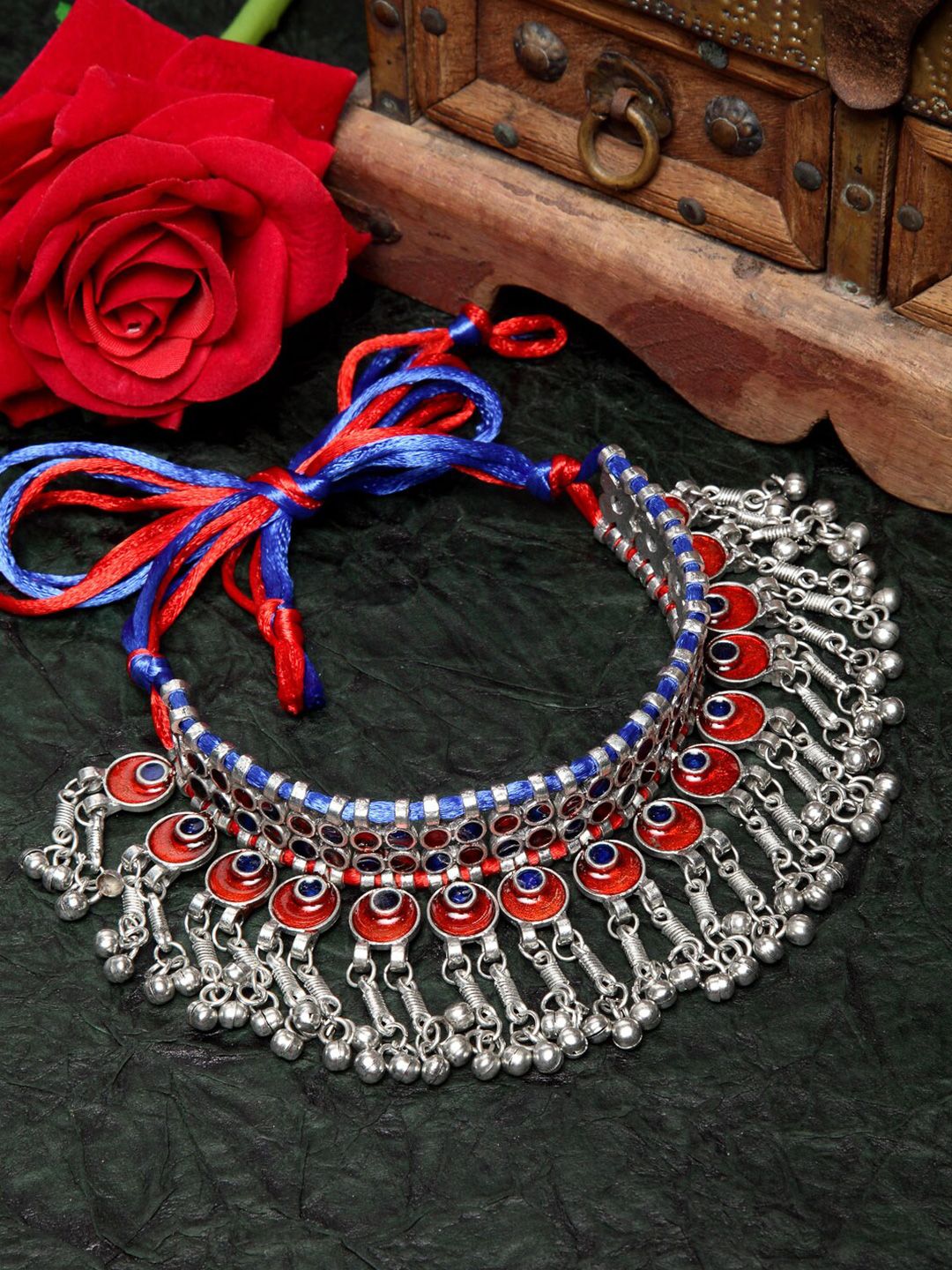 Moedbuille Silver-Toned & Red Brass Silver-Plated Afghan Meenakari Tasseled Necklace Price in India