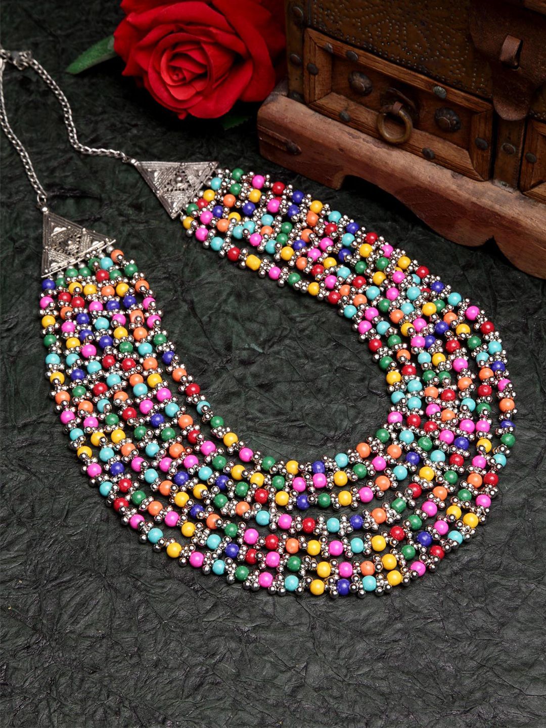 Moedbuille Silver-Toned & Pink Brass Silver-Plated Layered Necklace Price in India