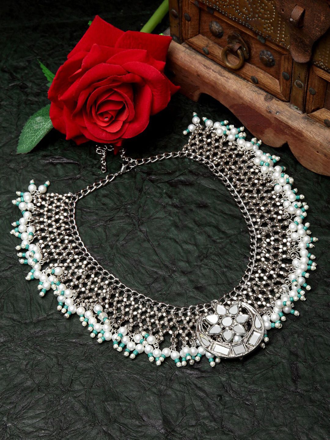Moedbuille Women Silver-Toned & Plated Mirror & Pearls Filigree Work Necklace Price in India