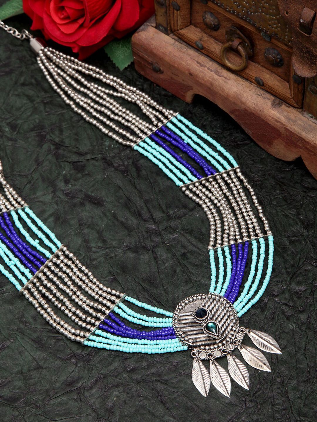 Moedbuille Women Turquoise Blue Oxidised Layered Silver Necklace Price in India
