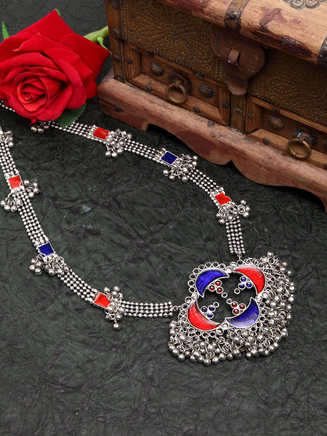 Moedbuille Women Red & Blue Silver-Plated Meenakari Handcrafted Necklace Price in India
