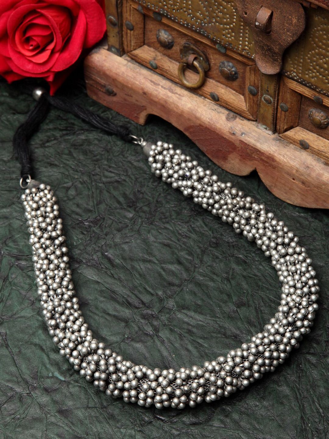 Moedbuille Silver-Toned & Black Brass Silver-Plated Layered Necklace Price in India