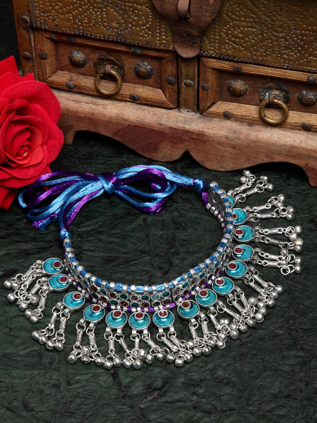 Moedbuille Women Silver-Toned & Turquoise Blue Brass Meenakari Necklace Price in India
