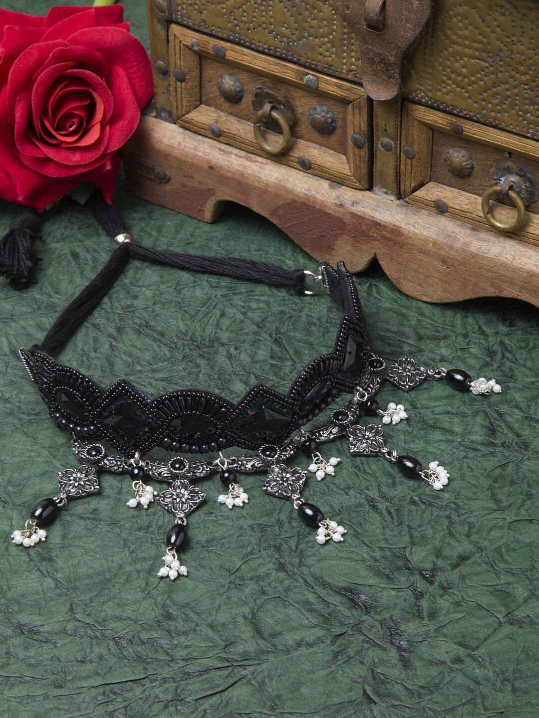 Moedbuille Silver-Plated & Black Brass Afghan Necklace Price in India