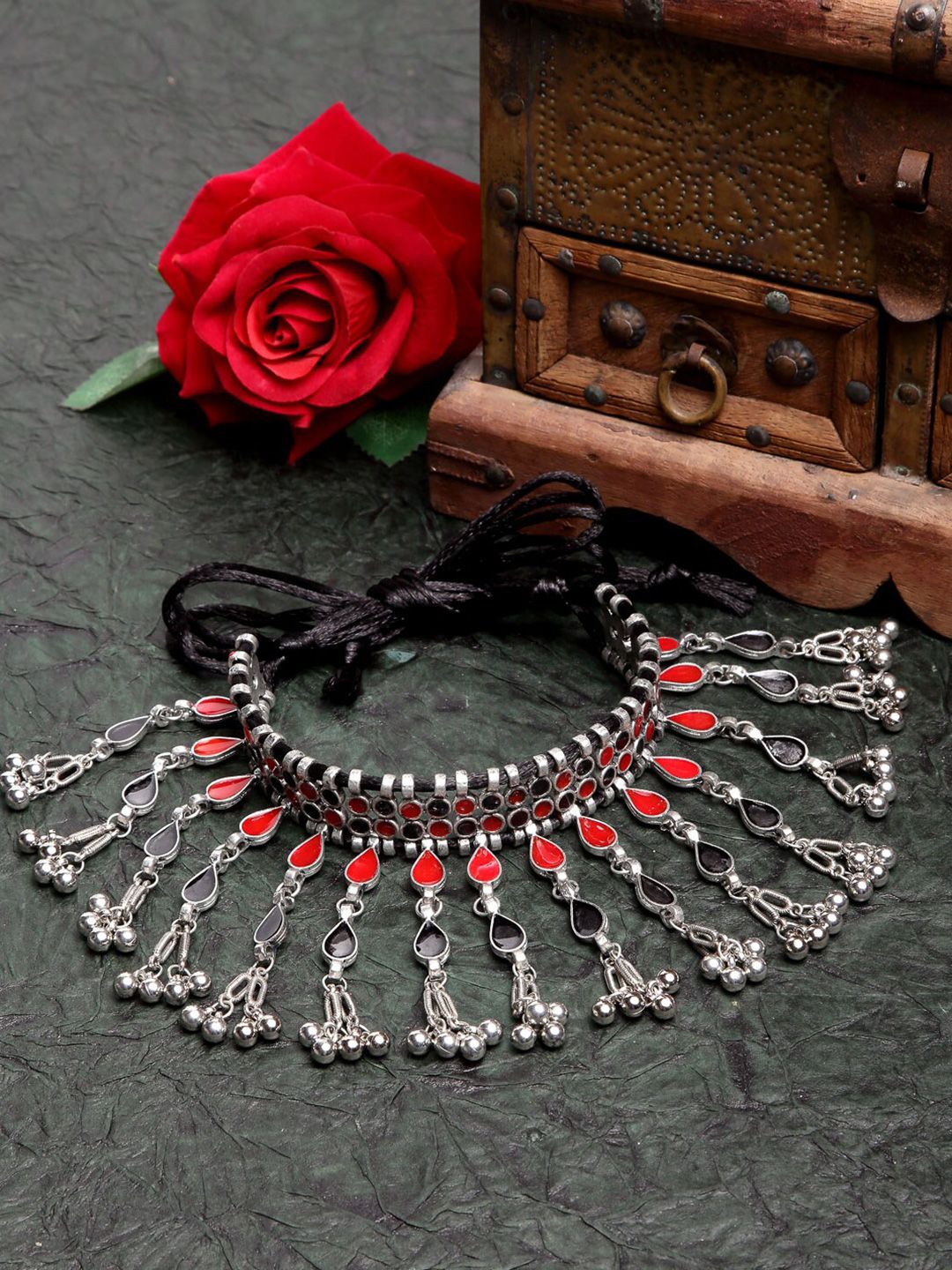 Moedbuille Women Silver-Toned & Red Brass  Meenakari Necklace Price in India