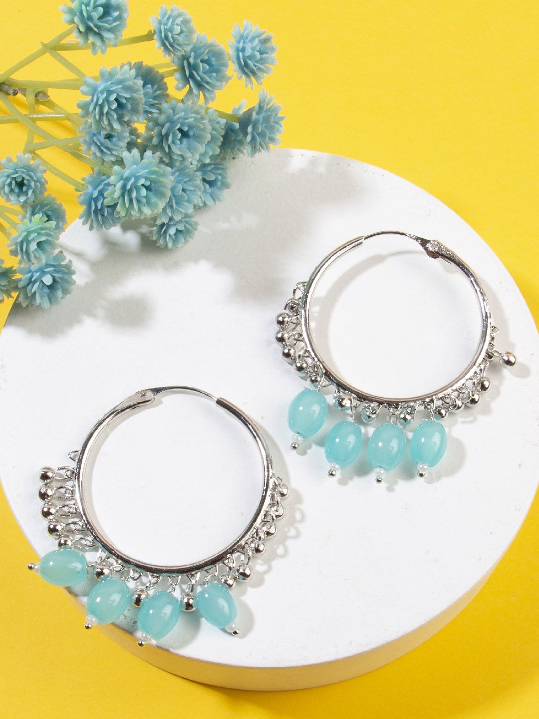AccessHer Silver-Plated Blue Circular Hoop Earrings Price in India