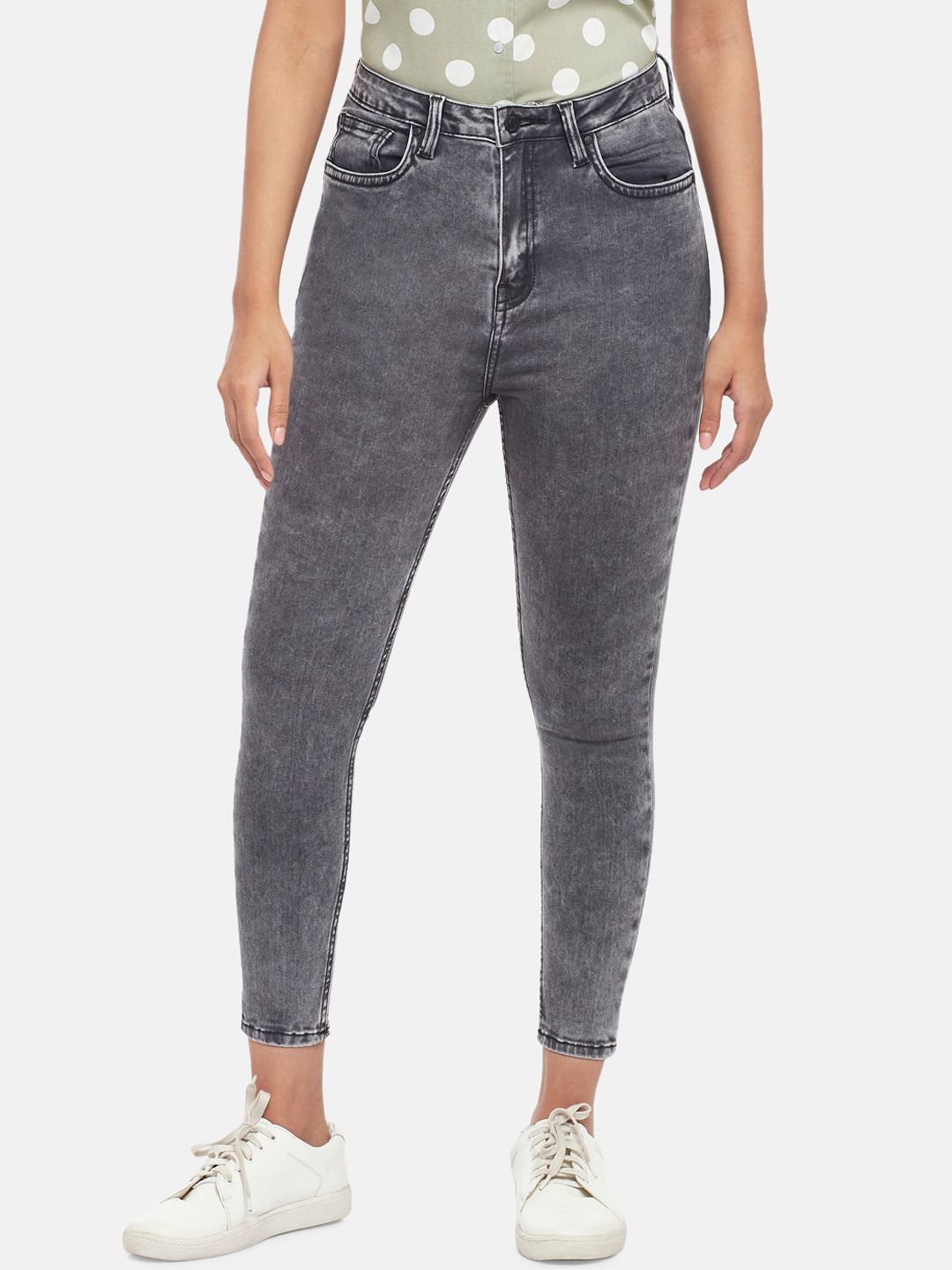 People Women Charcoal Grey Super Skinny Fit High-Rise Heavy Fade Stretchable Jeans Price in India