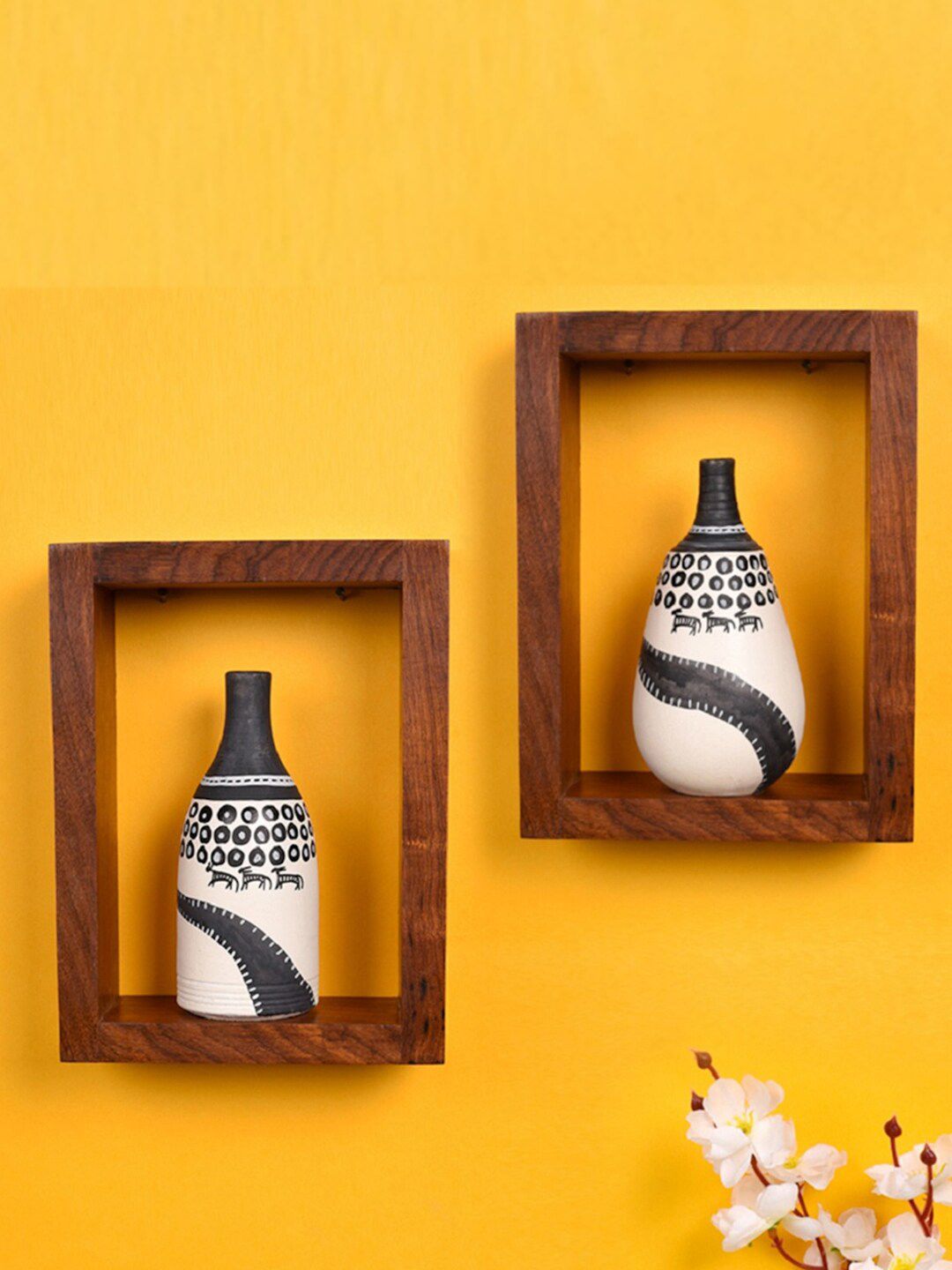 AAKRITI ART CREATIONS Set Of 2 White & Black Warli Patterned Handcrafted Pot With Wooden Shelf Price in India