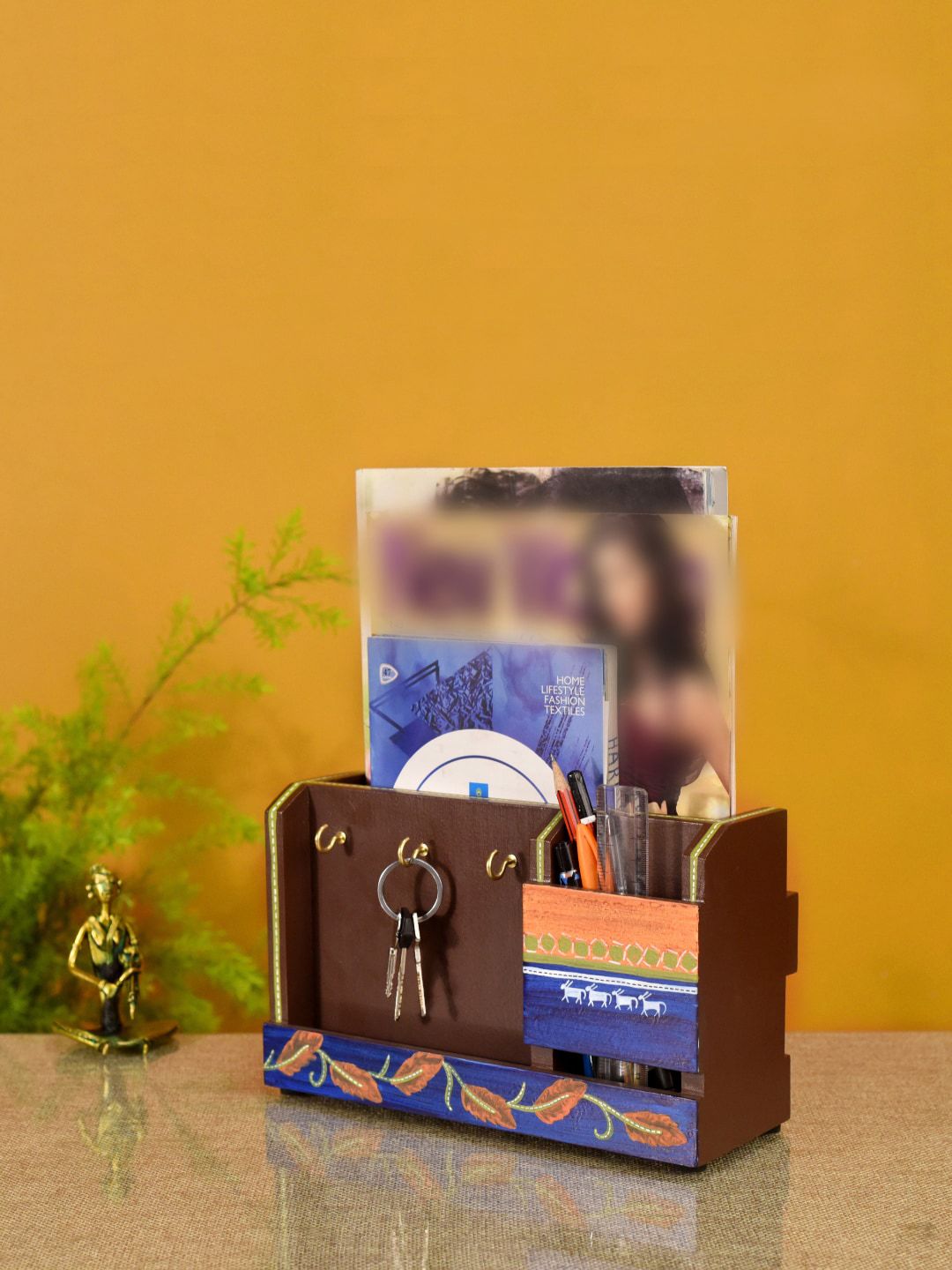 AAKRITI ART CREATIONS Brown & Blue Autumn Leaf Key Hanger & Magazine Stand Price in India