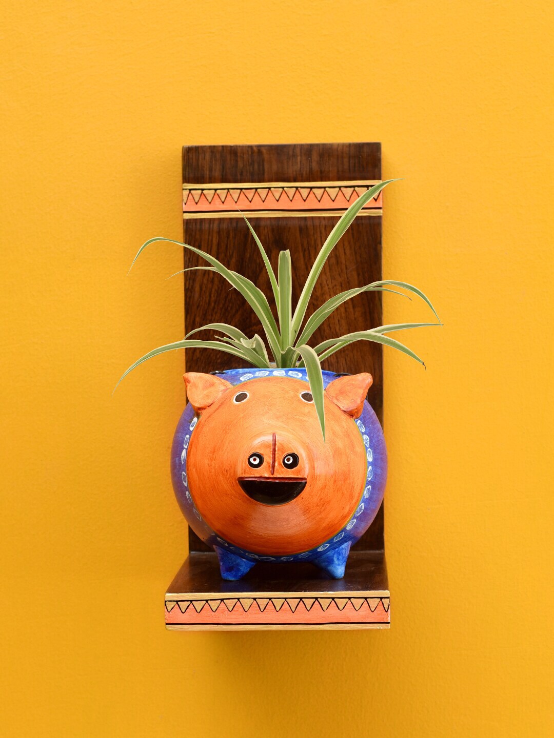 AAKRITI ART CREATIONS Brown & Orange Piggy Wall Shelf with Earthen Planter Price in India