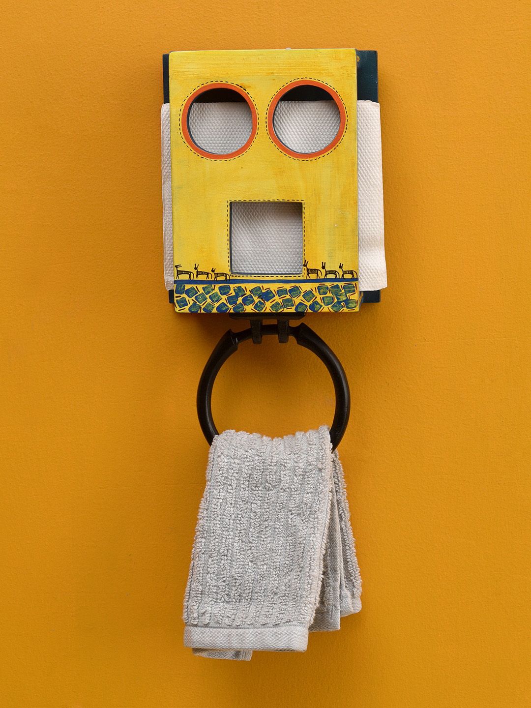 AAKRITI ART CREATIONS Yellow Robo Wooden Face Towel Hanger Price in India