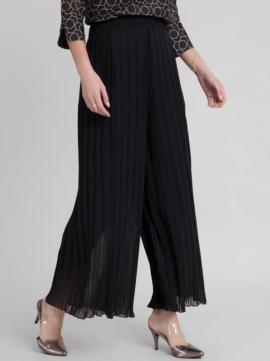 FableStreet Women Black Flared Pleated Parallel Trousers Price in India