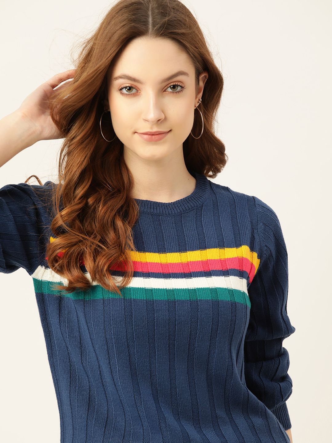 DressBerry Women Navy Blue Striped Pullover Price in India