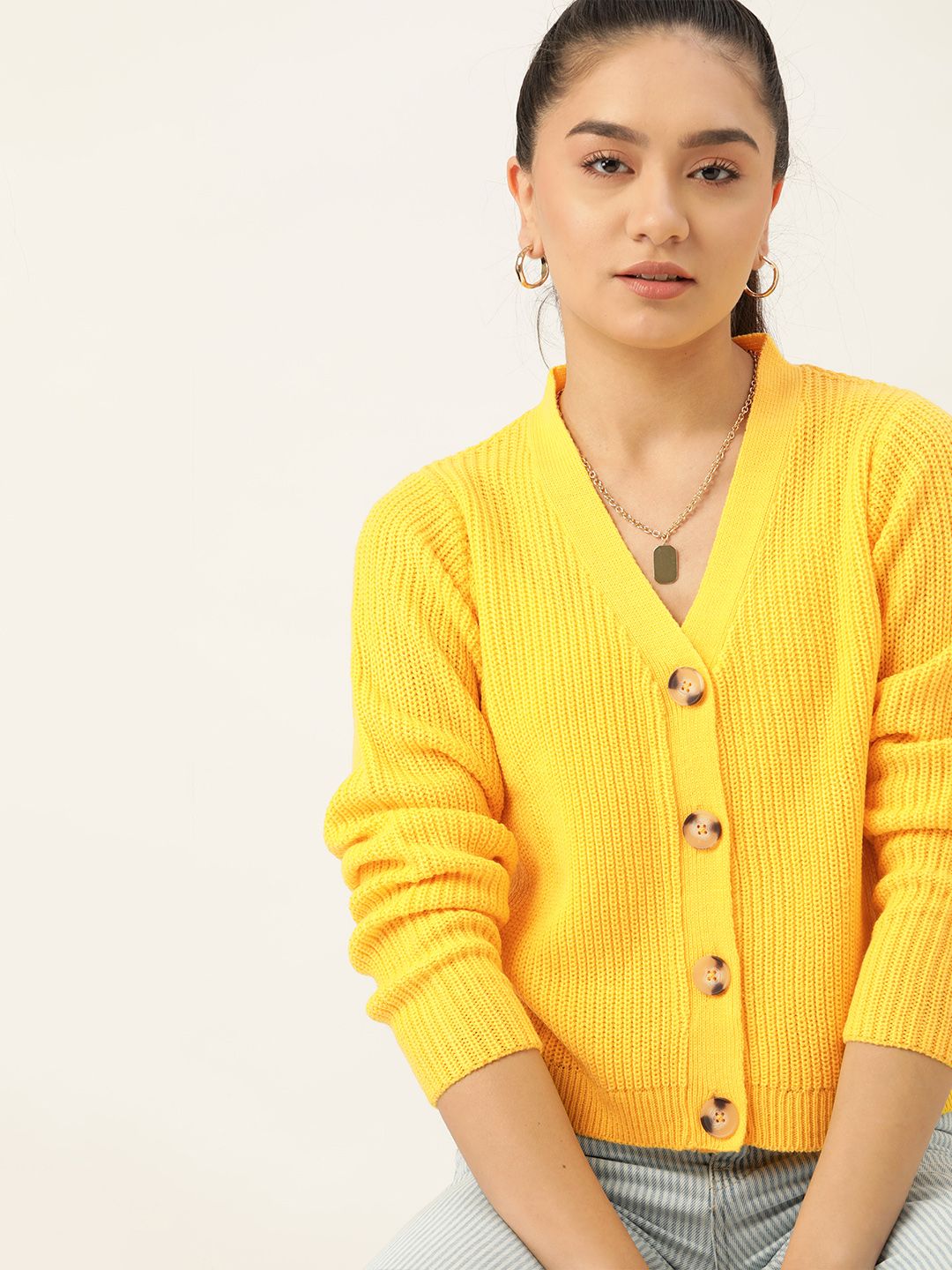 DressBerry Women Yellow Solid Cardigan Price in India