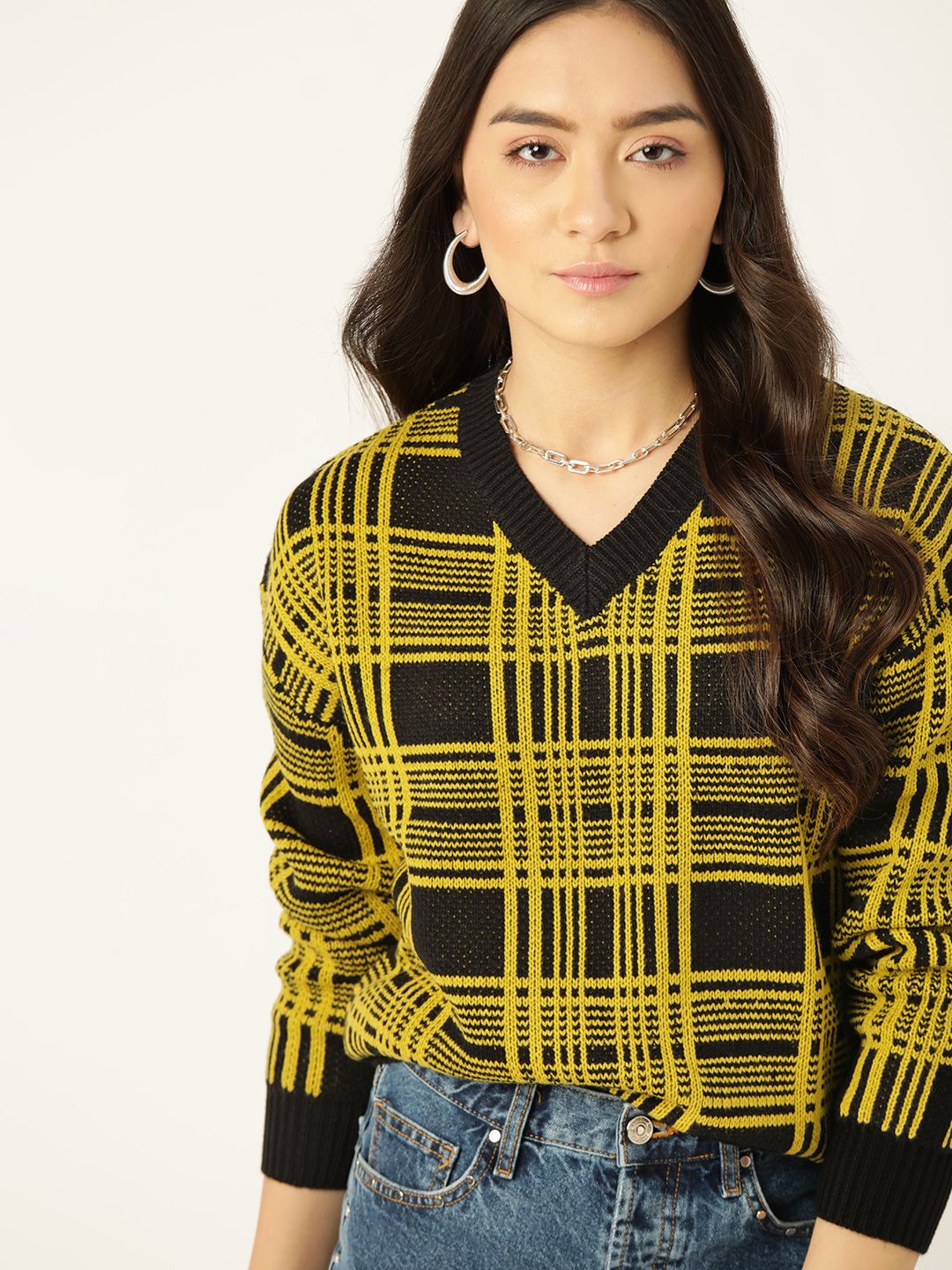 DressBerry Women Black & Yellow Checked Pullover Price in India