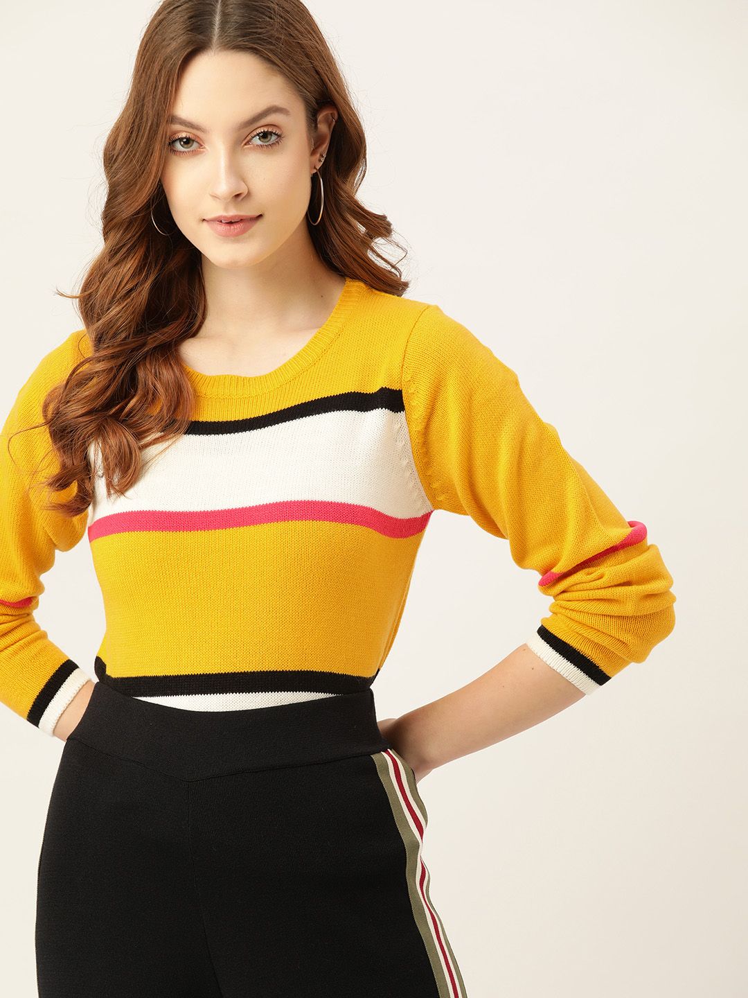 DressBerry Women Yellow & White Striped Pullover Price in India