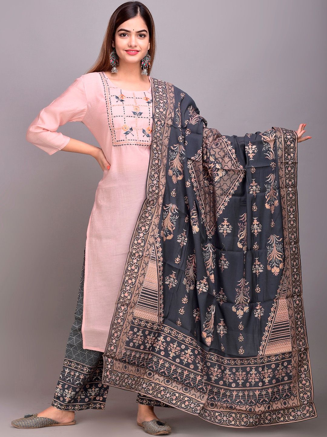 DIVYANK Women Pink & Grey Ethnic Motifs Yoke Embroidered Kurta with Palazzos & Dupatta Price in India