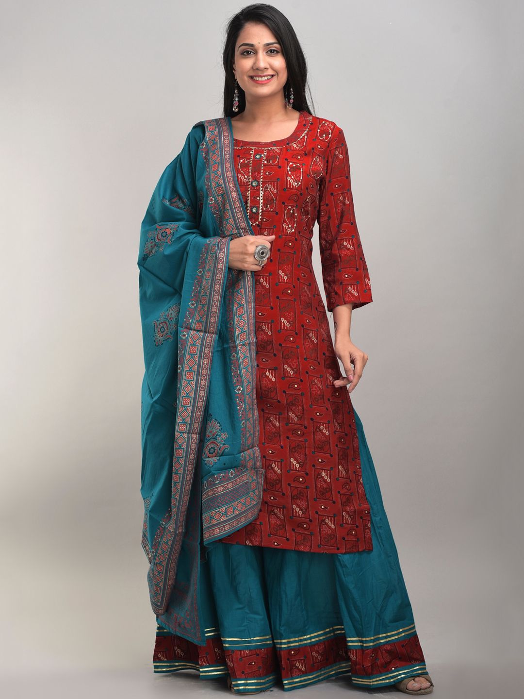 DIVYANK Women Red & Blue Ethnic Motifs Printed Thread Work Kurta with Palazzos & Dupatta Price in India