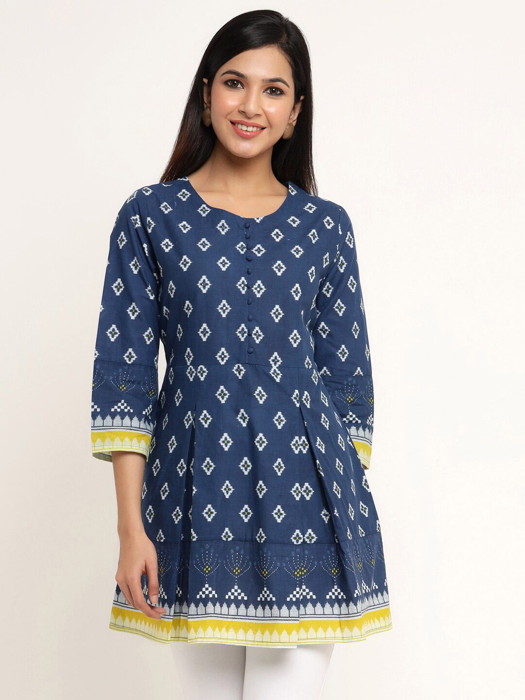 kipek Women Blue & White Cotton Printed Tunic Price in India