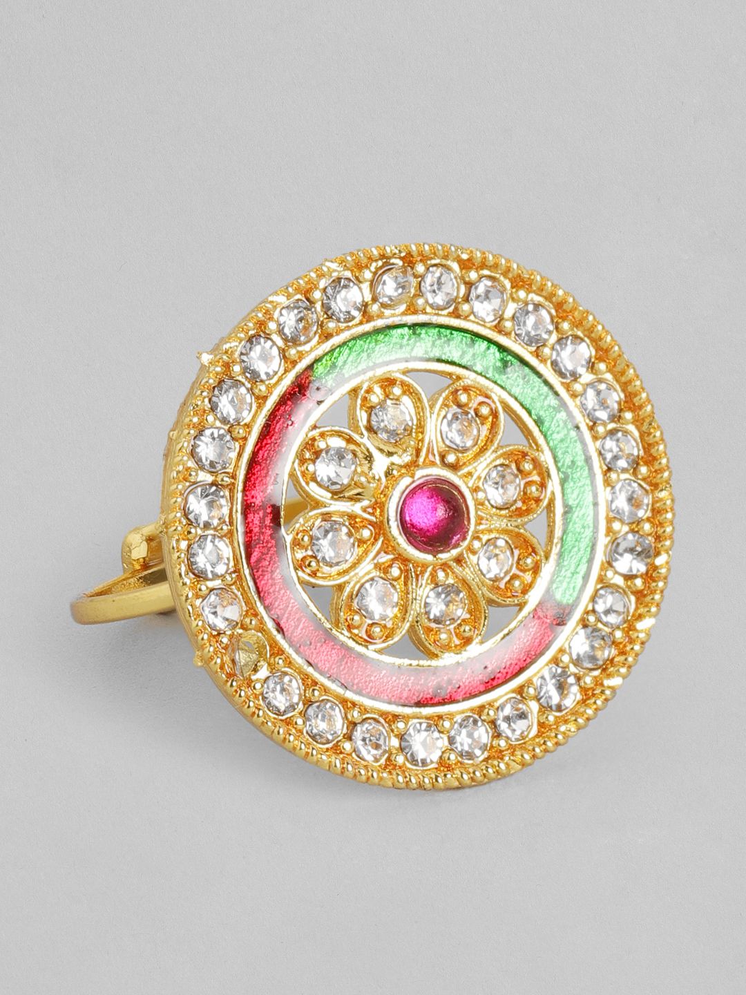 Anouk Red & Green Gold-Plated Stone-Studded Enamelled Floral Adjustable Finger Ring Price in India