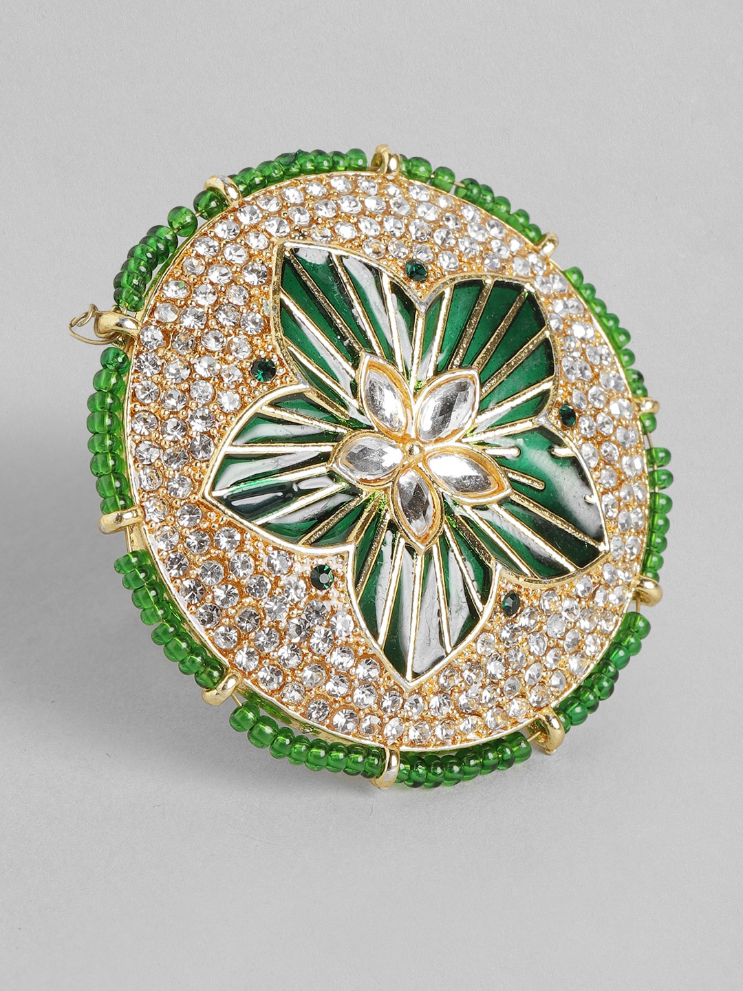 Anouk Green Gold-Plated Stone-Studded & Beaded Enamelled Floral Adjustable Finger Ring Price in India
