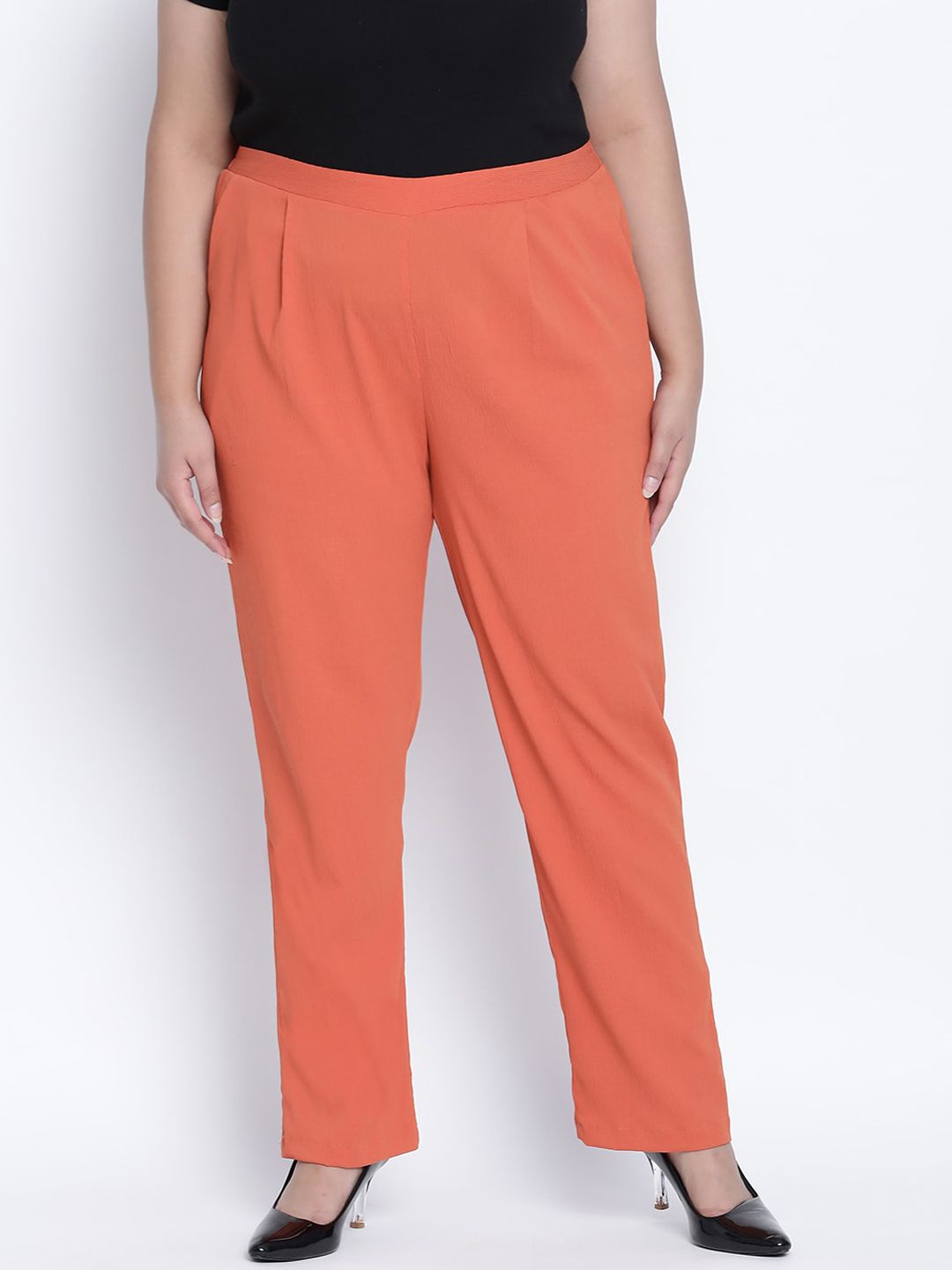 Oxolloxo Women Orange Pleated Plus Size Trousers Price in India