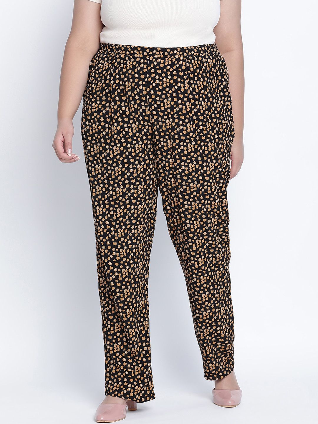 Oxolloxo Plus Size Women Brown Printed Trousers Price in India